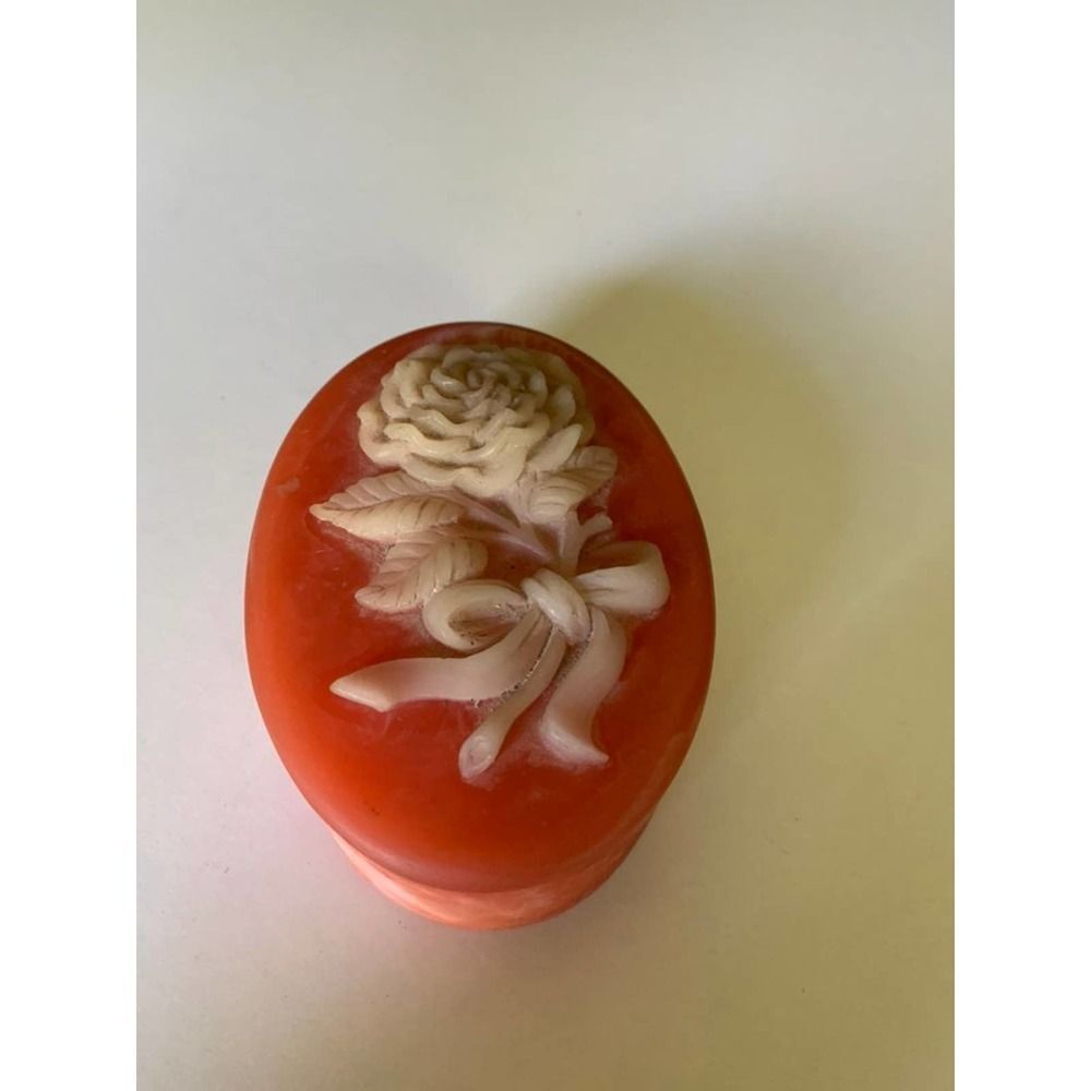 Vintage Oval  Incolay? Soap Stone Pink Plaque White Flower Trinket Jewelry Box.